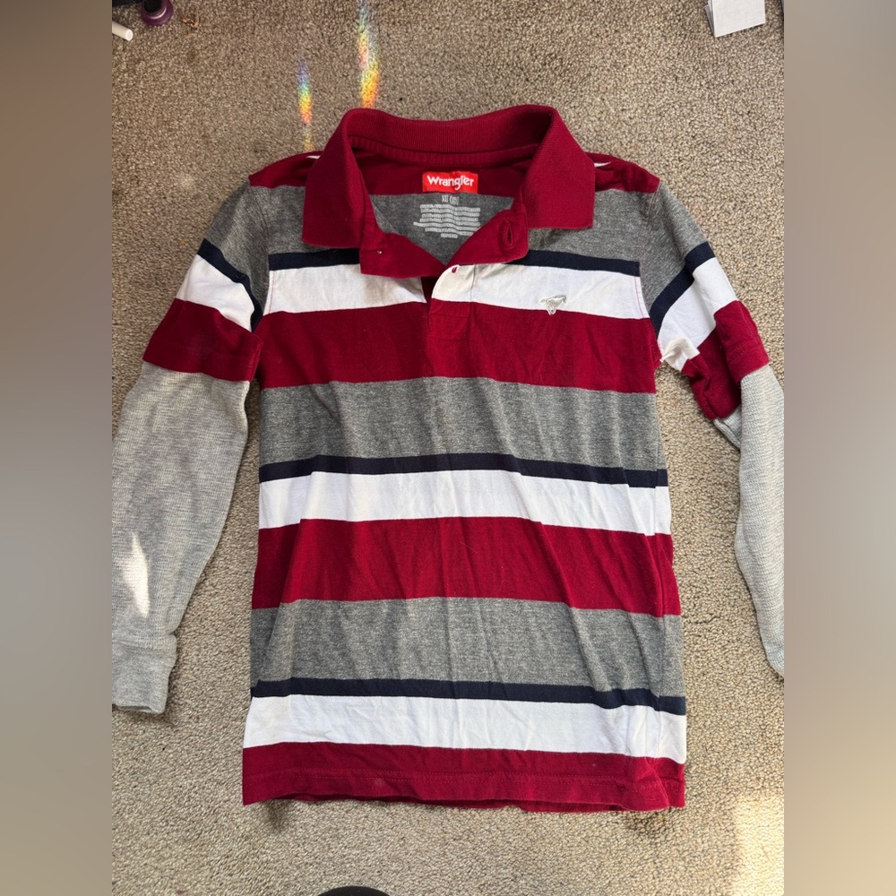 Wrangler Red, Gray & White Striped Long-Sleeve Polo
